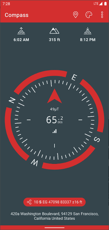 나침반 어풀, 지리적 북쪽 및 해발 고도 측정, 일출 및 일몰 시간 제공