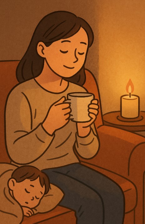 아이가 잠든 후 따뜻한 조명 아래에서 혼자 커피를 마시며 조용히 감정을 정리하는 엄마의 모습