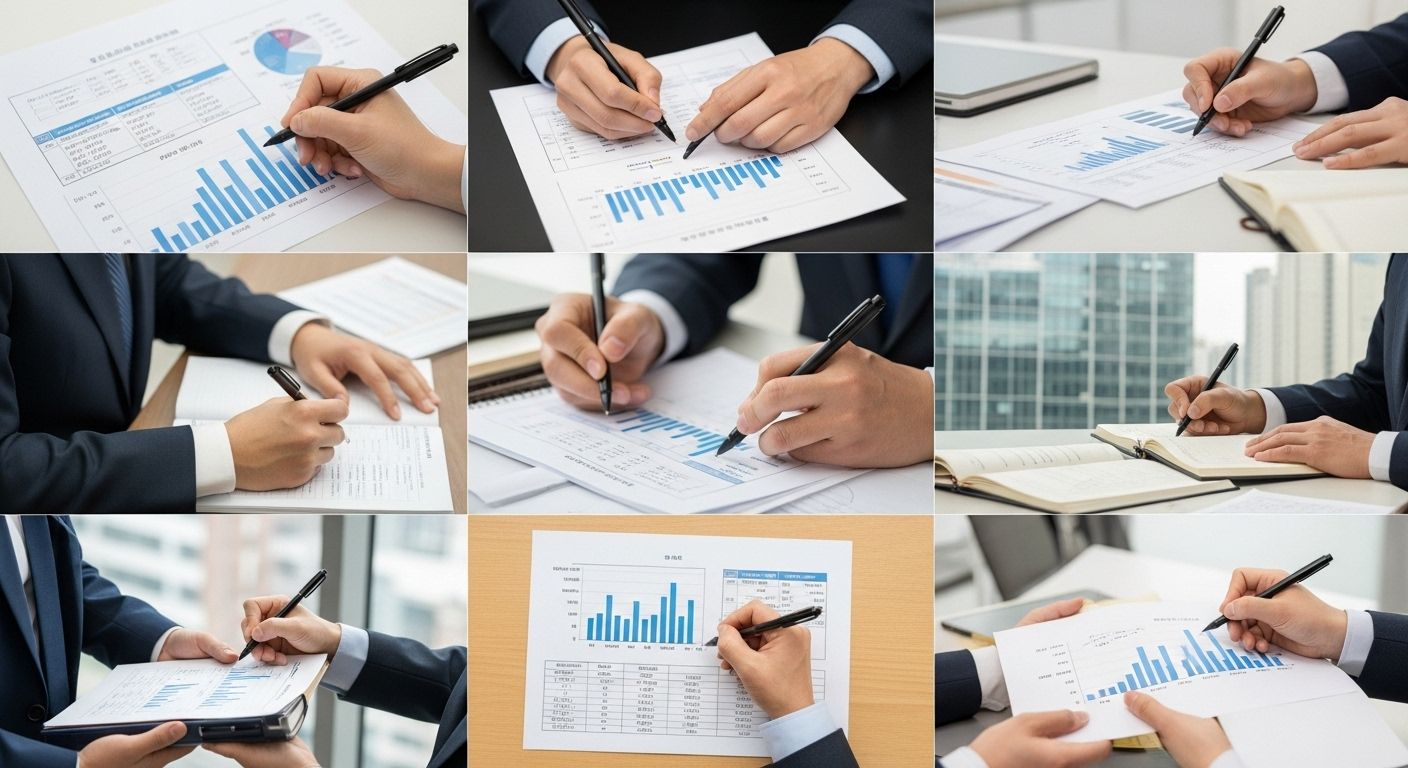 종이 차트와 수첩에 필기 중인 장면, 초점은 자료 위주