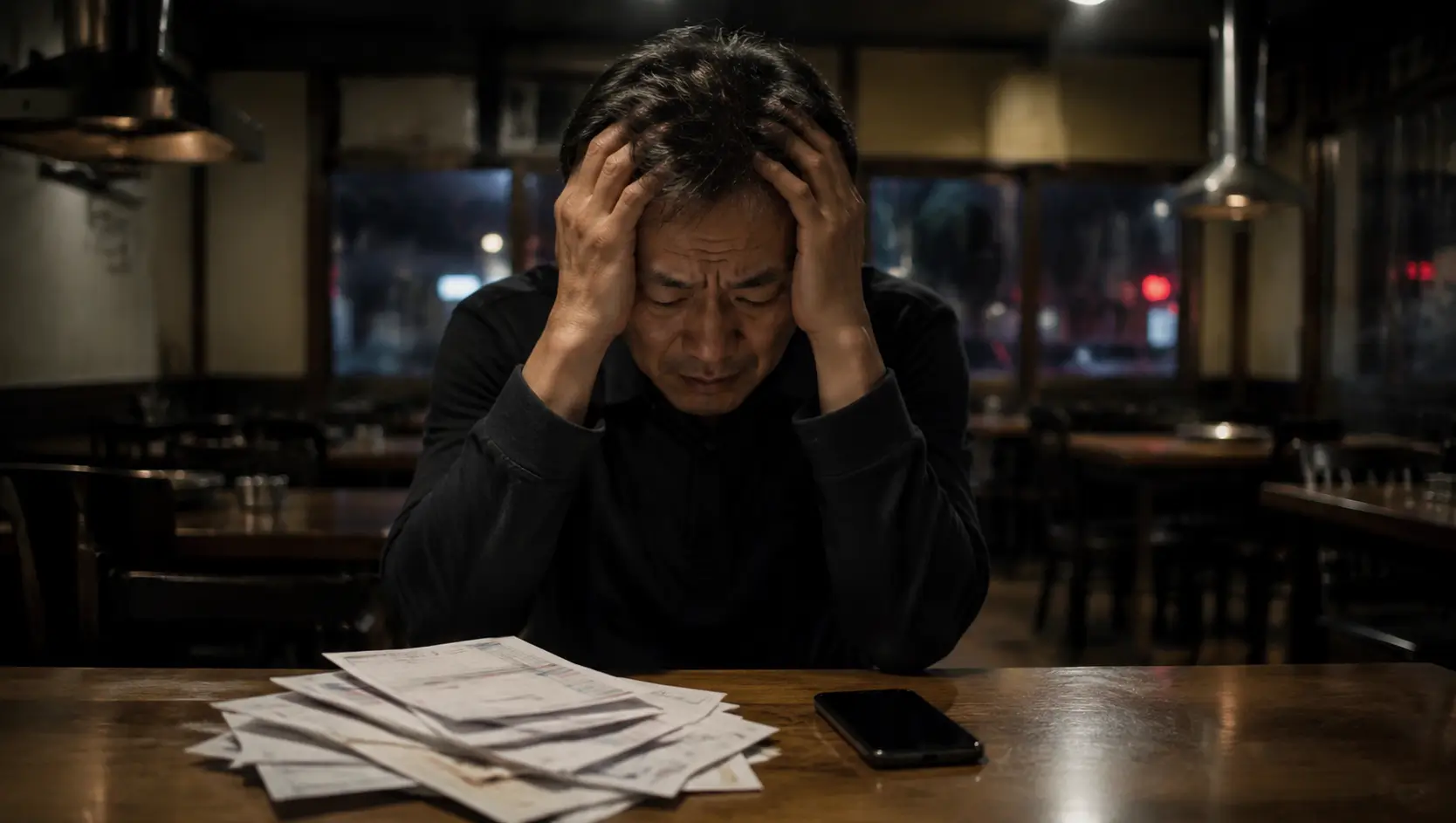 텅 빈 식당 테이블에 앉아 밀린 임대료 고지서와 스마트폰의 은행 연장 거절 메시지를 보며 머리를 감싸 쥔 50대 남성 자영업자