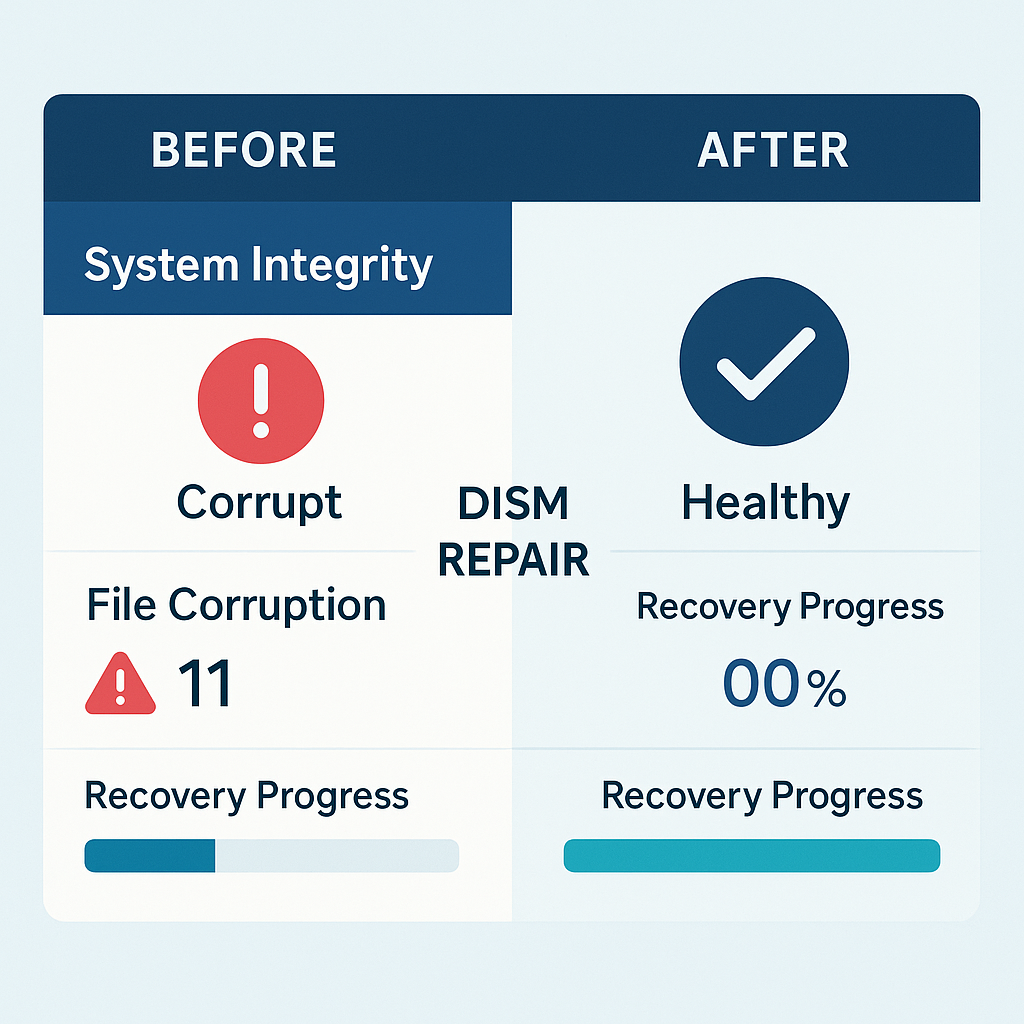 DISM 복구 전후 시스템 상태 비교 - 시스템 파일 무결성 검사 결과와 복구 성과 대시보드