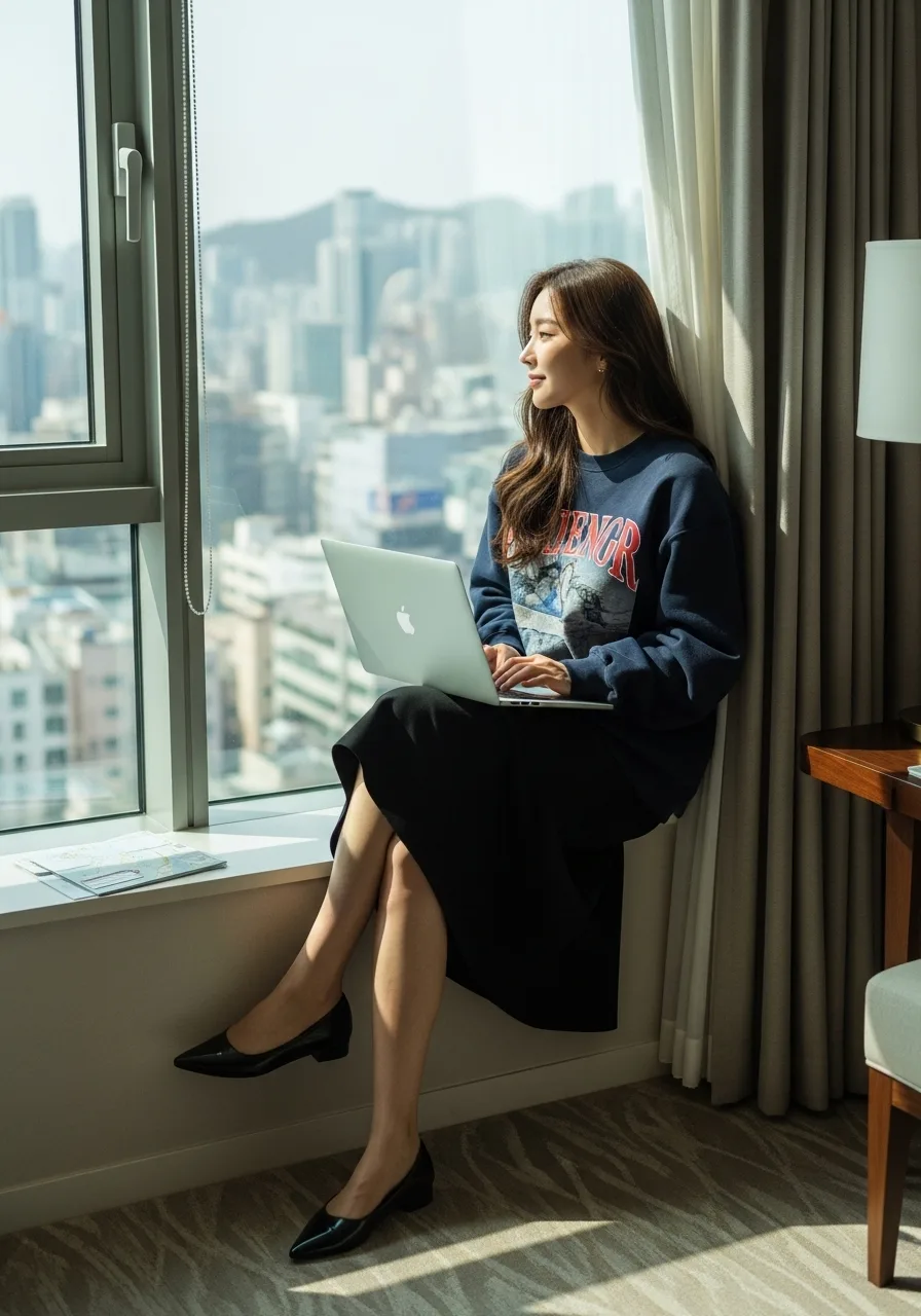 스타일리시한 서울의 호텔 룸에서 젊은 한국인 여성이 창가에 걸터앉아, 노트북으로 일하며 도시의 풍경을 즐기고 있다