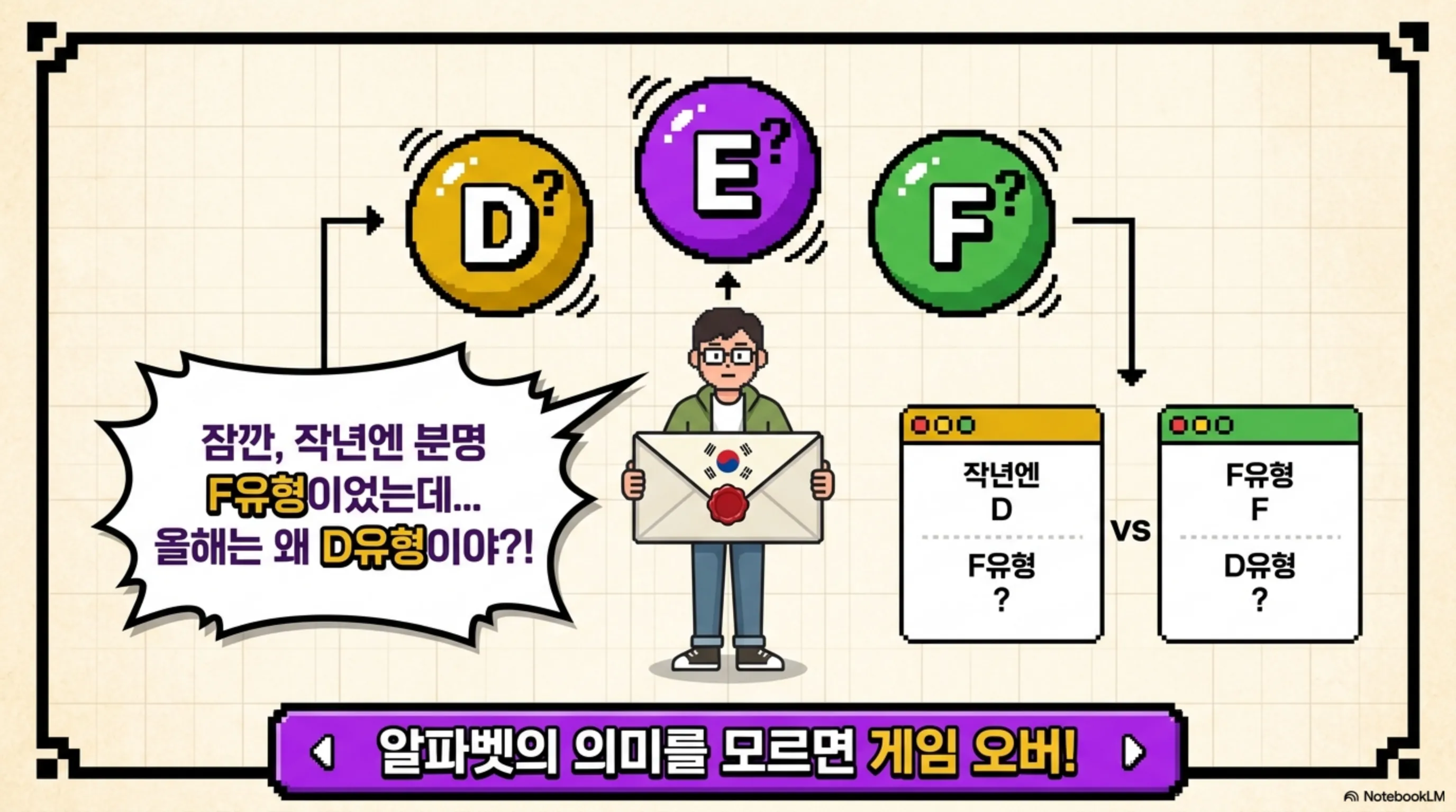 종합소득세 안내문을 들고 당황하는 프리랜서 캐릭터. D유형 E유형 F유형을 나타내는 금색 보라색 초록색 구슬이 물음표와 함께 표시되어 있고 "잠깐, 작년엔 분명 F유형이었는데 올해는 왜 D유형이야?!"라는 말풍선이 그려져 있다. 오른쪽에는 작년엔 F유형이던 것이 올해 D유형으로 바뀐 상황을 비교하는 화면이 표시되어 있다. 프리랜서 종합소득세 신고유형이 변경되는 이유를 설명하는 이미지