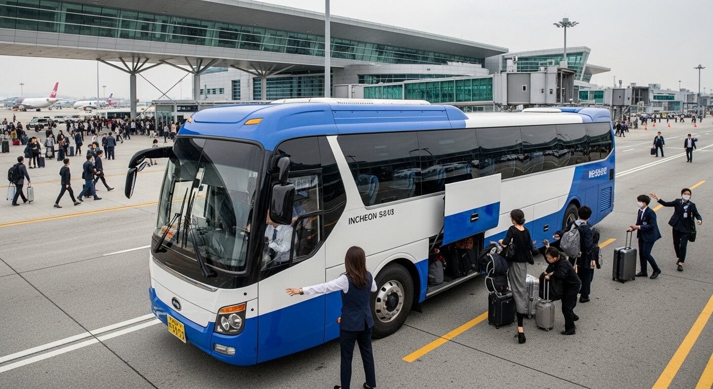 리무진버스에 사람들이 짐을 싣는 모습. 인천공항