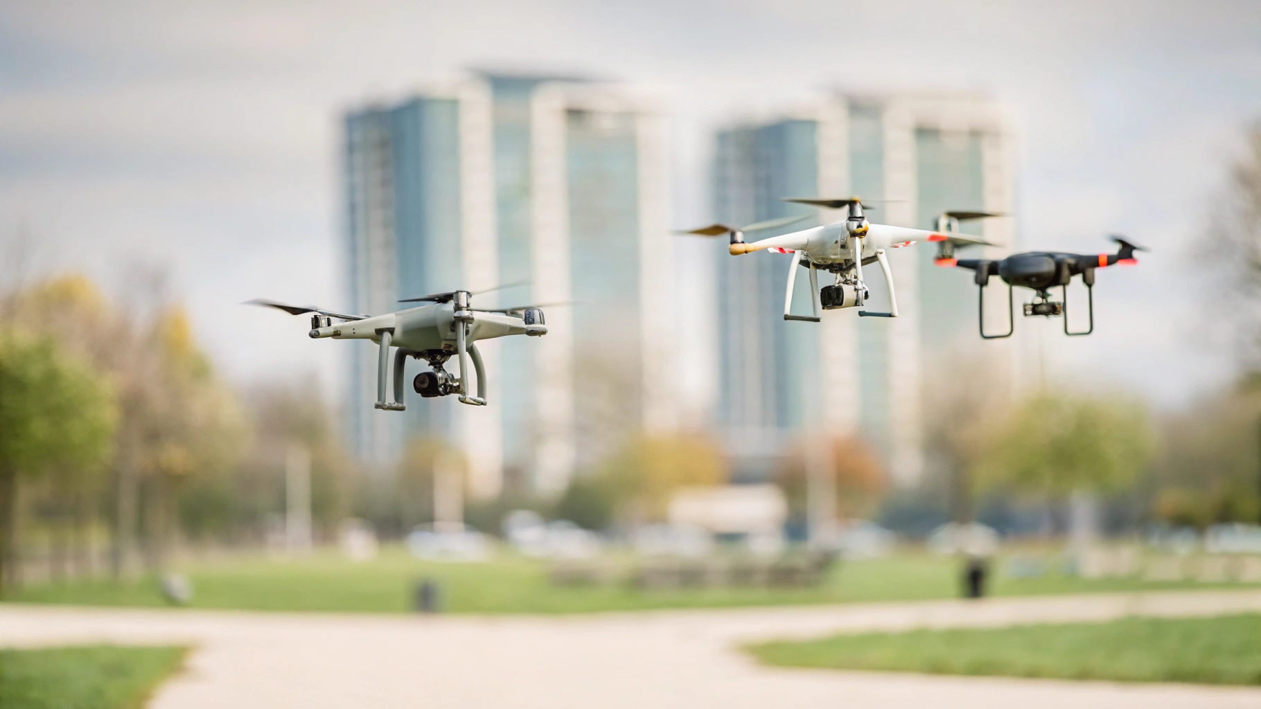 공원에서 세 대의 드론이 날아다니고 있으며, 각 드론에는 카메라가 장착되어 있고 배경에는 고층 아파트 건물이 보이는 도심 속 드론 비행 장면.