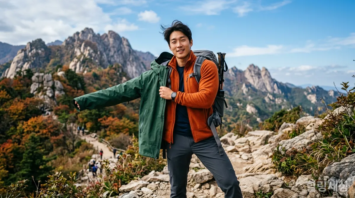 계절에 맞는 트레킹 복장 레이어링을 보여주는 남성