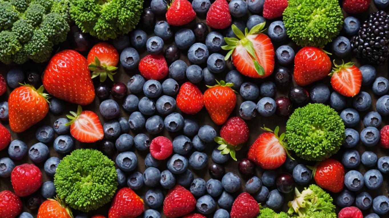 싱싱한 딸기, 블루베리, 브로콜리 사진