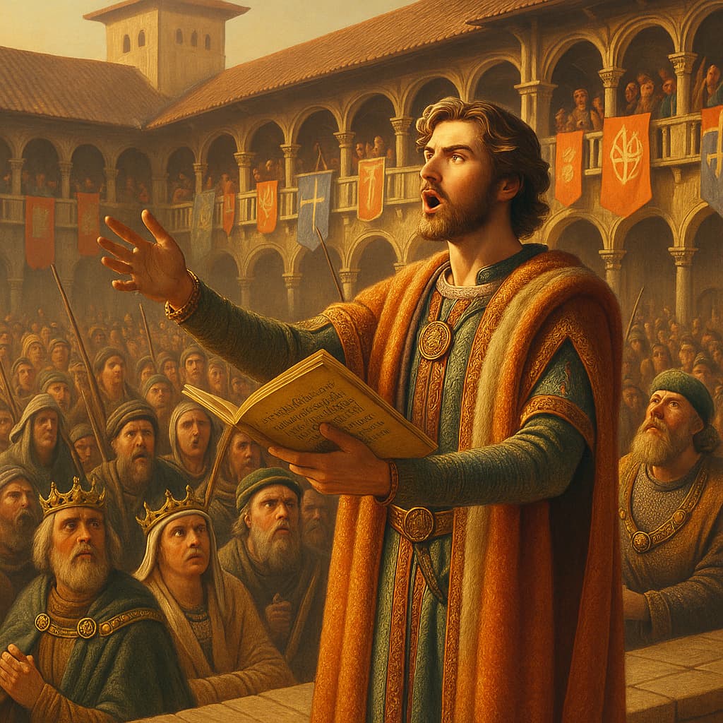 중세 봉건사회 서사시 낭송자(Epic Reciter)가 광장에서 이야기를 하고 있는 모습