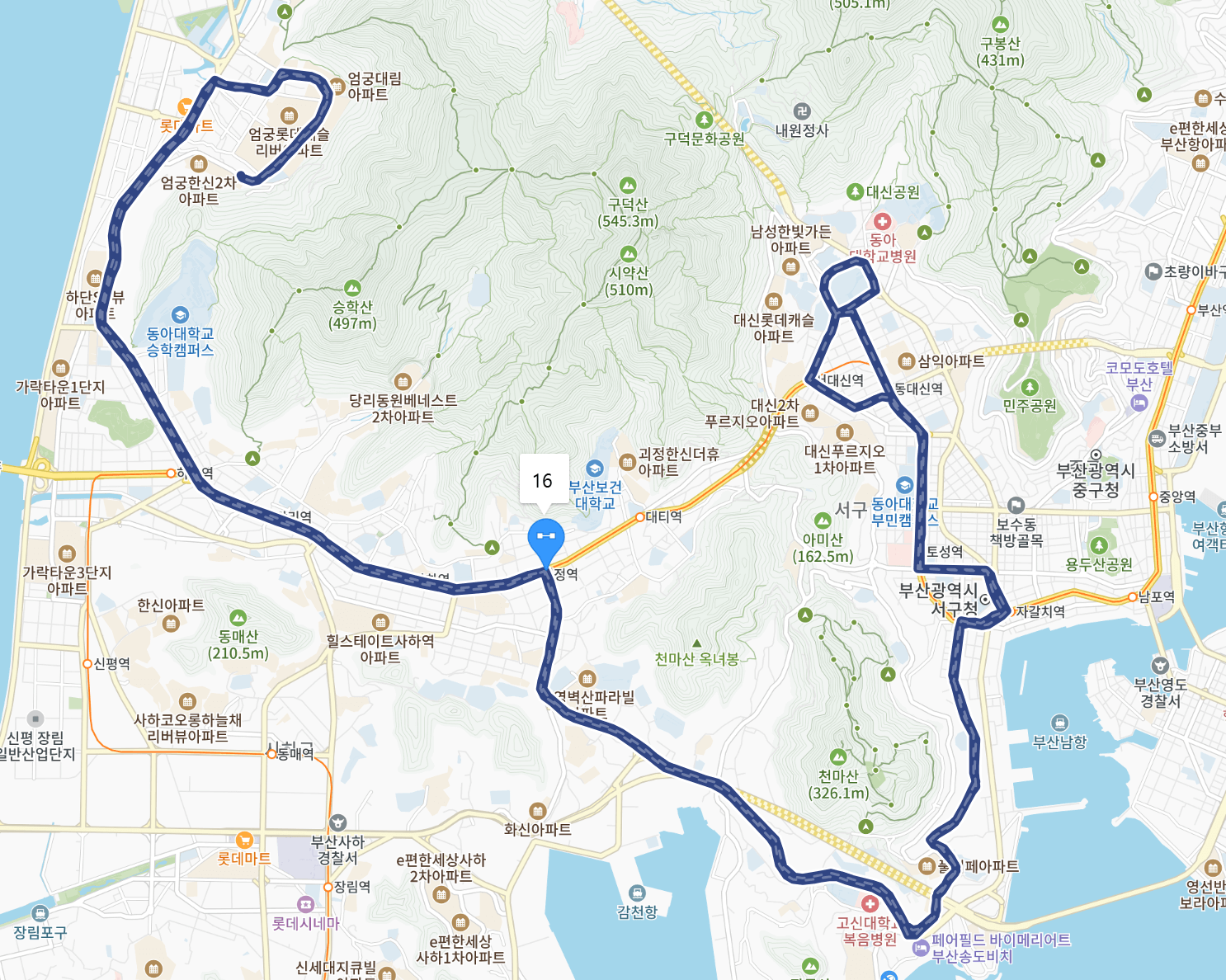 부산 16번 버스 노선 지도