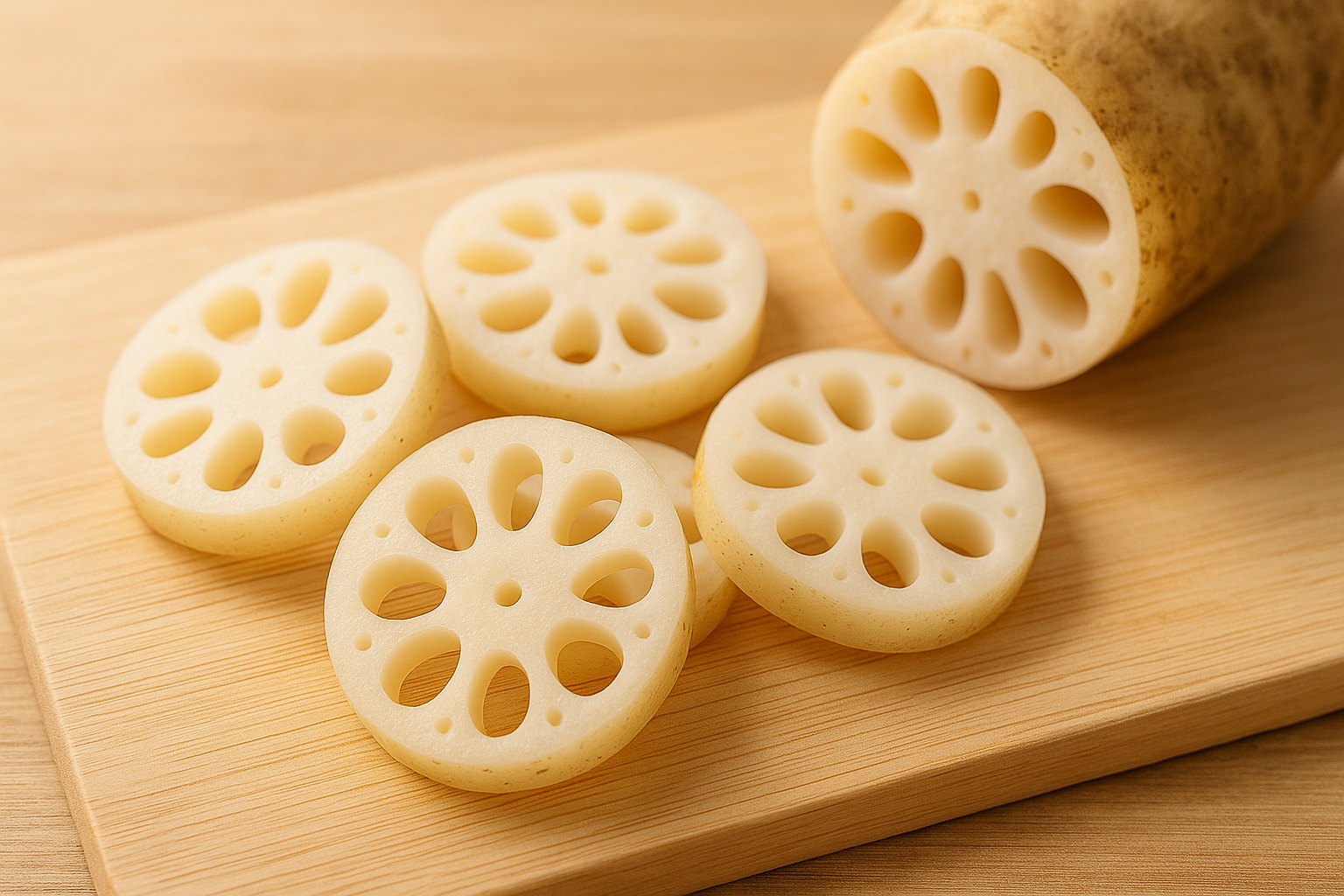 얇게 썬 연근 단면을 통한 질감