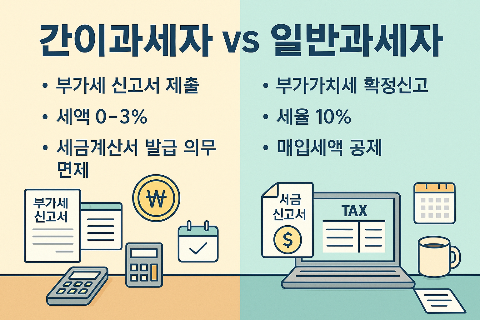 부가세 신고 방식과 세율 차이를 비교하는 간이과세자 vs 일반과세자 인포그래픽 – 세금 서류, 계산기, 달력 아이콘 포함된 시각자료