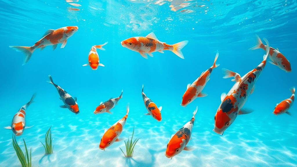 맑은 연못에서 자유롭게 헤엄치는 코이 물고기