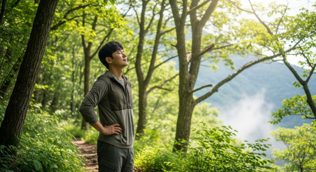 자연 속에서 깊게 숨쉬는 건강한 남성