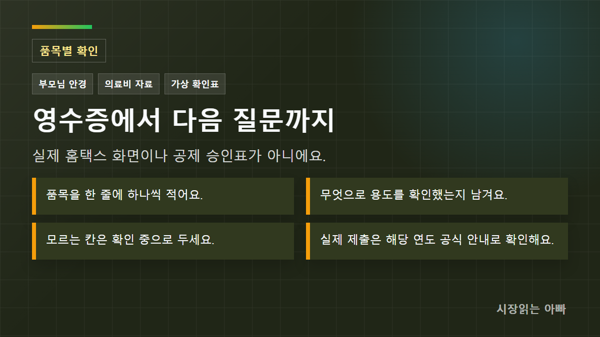 확인 순서: 품목을 한 줄에 하나씩 적어요.; 무엇으로 용도를 확인했는지 남겨요.; 모르는 칸은 확인 중으로 두세요.