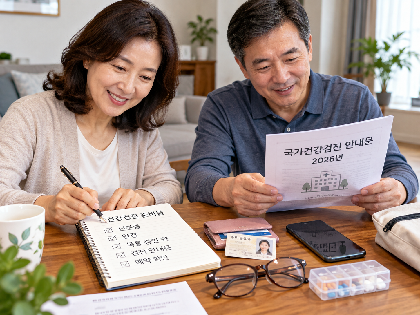 건강검진을 앞두고 준비물을 챙기는 중장년 부부