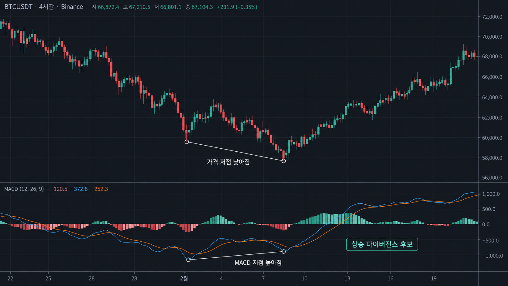 가격 저점 하락과 MACD 저점 상승으로 나타나는 상승 다이버전스 차트