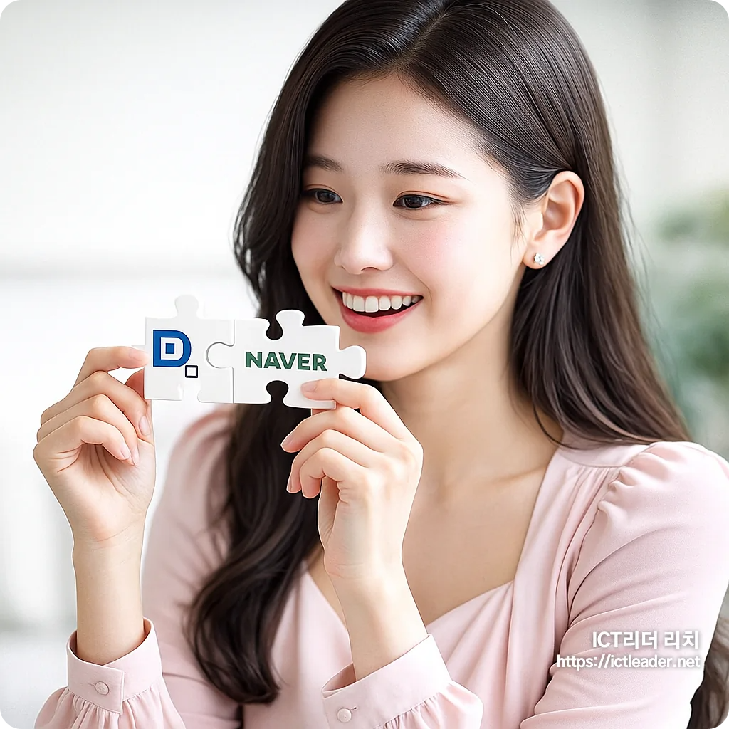 네이버와 두나무 합병 발표에 관심을 가지는 밝은 표정의 20대 여성. 자연스럽고 깔끔한 배경에서 주제를 텍스트와 함께 보여주는 고퀄리티 썸네일.