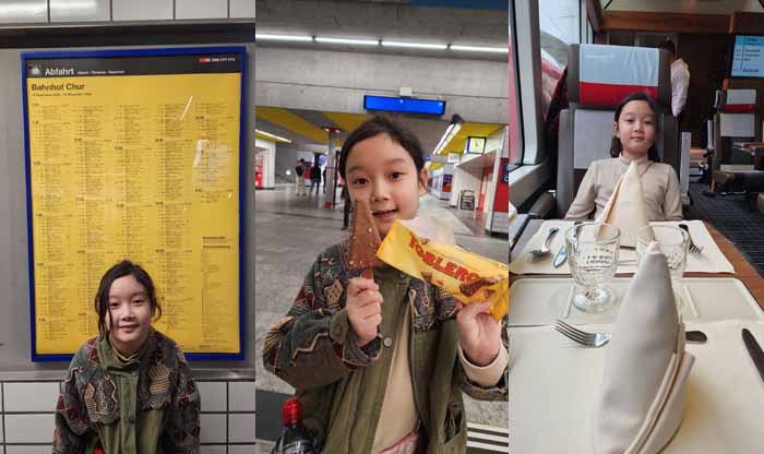 기차 시간표 앞에서, 쿠어 기차역에서 글래시어 기차를 기다리며 먹은 아이스크림, 글래시어 우리 좌석의 테이블세팅