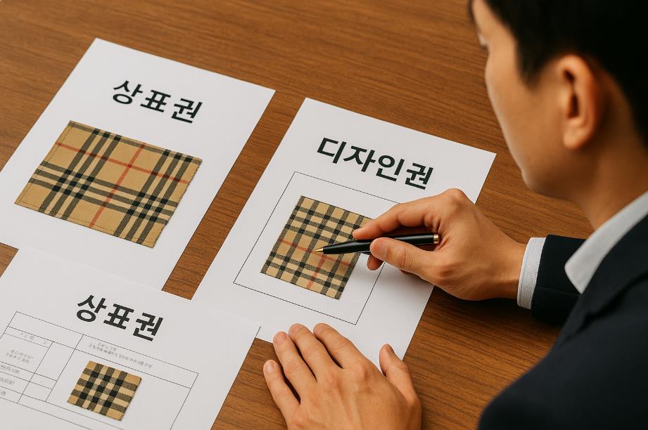 상표권과 디자인권을 비교하며 체크무늬 권리를 검토하는 장면