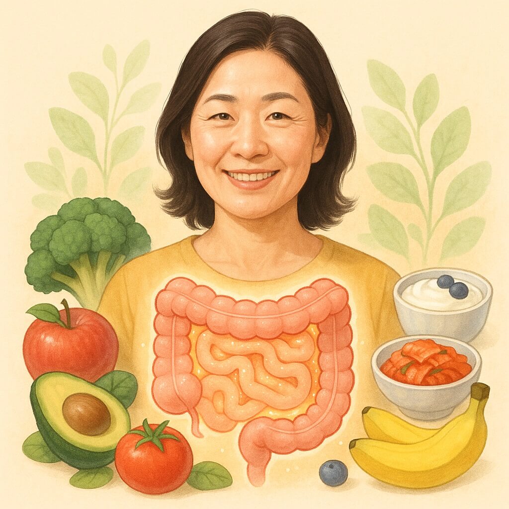 중년 여성이 장 건강과 관련된 건강 식품인 브로콜리, 아보카도, 사과, 바나나, 김치, 요거트를 배경으로 웃고 있는 모습. 장 건강과 면역력 향상, 장수 식단을 상징하는 이미지