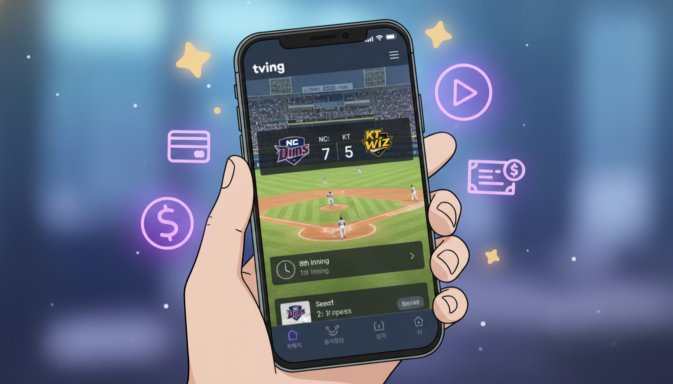 티빙 앱으로 2026년 KBO 프로야구 생중계를 시청하는 스마트폰 화면
