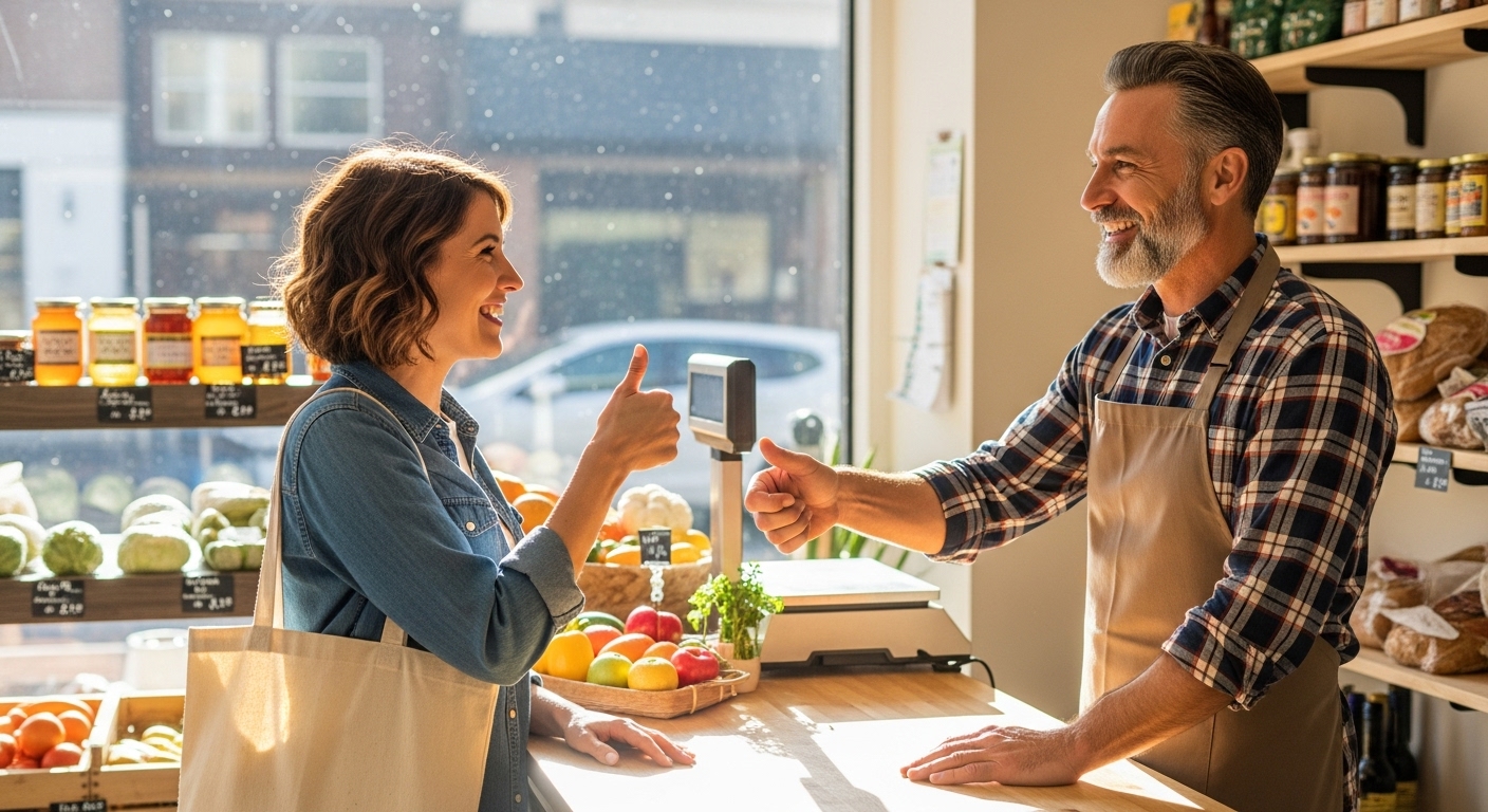 동네 마트나 소상공인 가게에서 상생 페이백 혜택을 환하게 웃으며 받는 모습