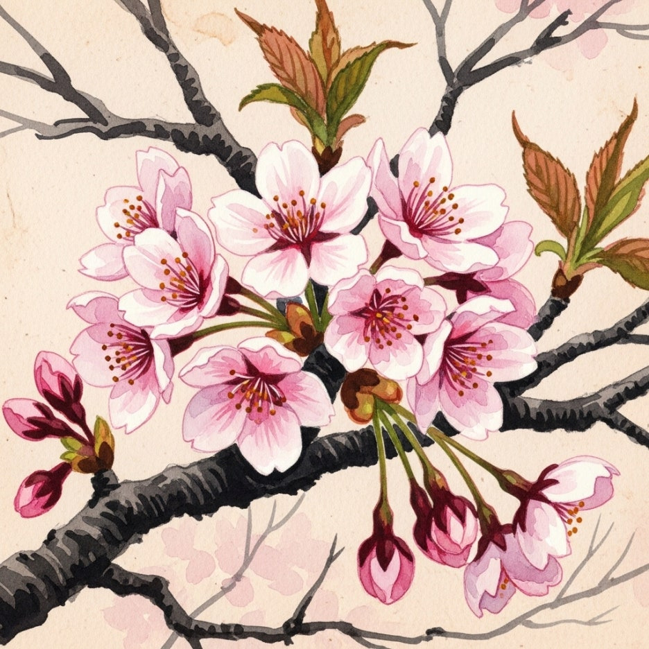 푸른 하늘 배경의 벚꽃 가지 근접 모습