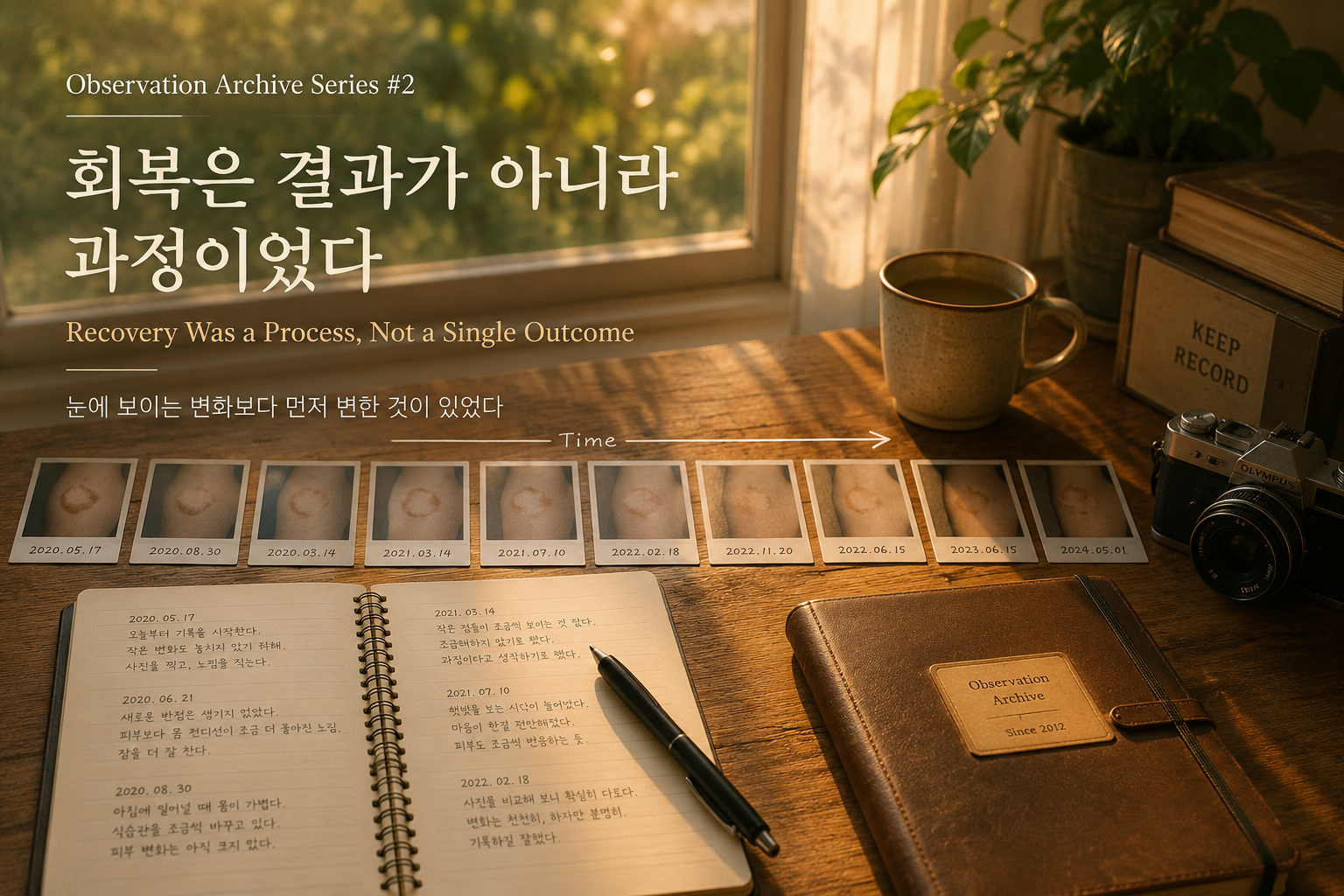 창가의 햇살 아래 노트, 펜, 카메라, 시간 순서대로 놓인 기록 사진이 있는 책상으로, 장기 관찰과 회복 과정의 연속성을 상징하는 Observation Archive Series