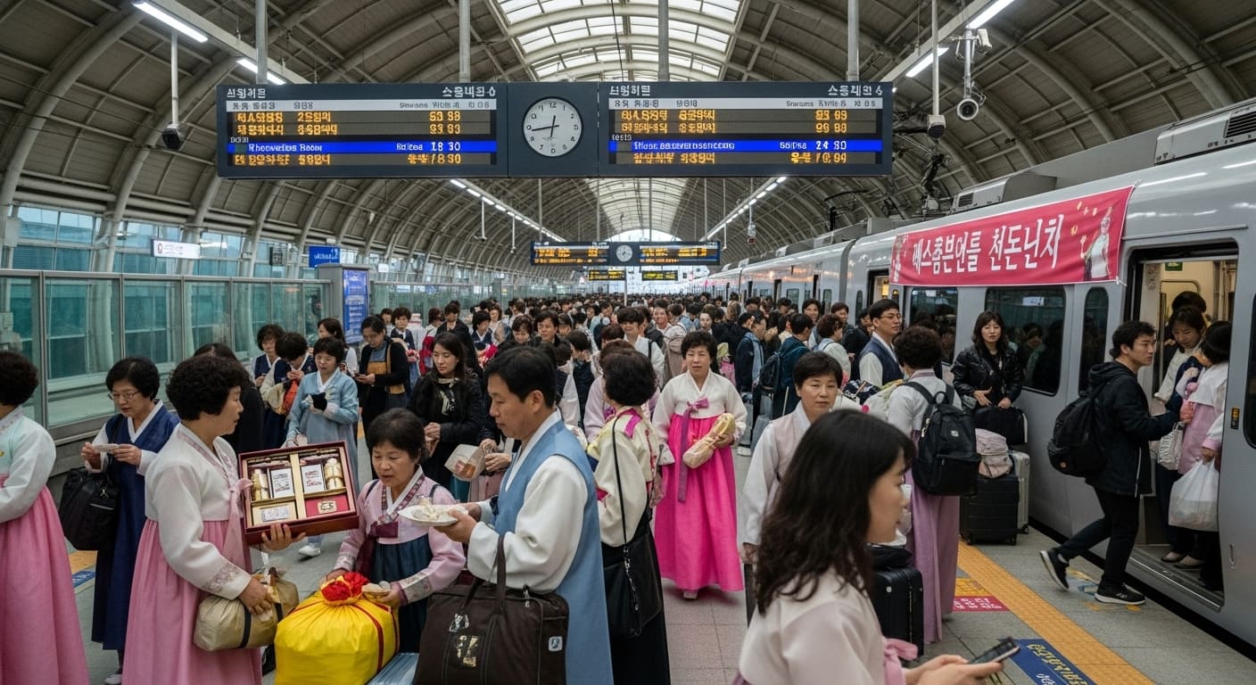 추석 귀성객으로 붐비는 기차역 대합실