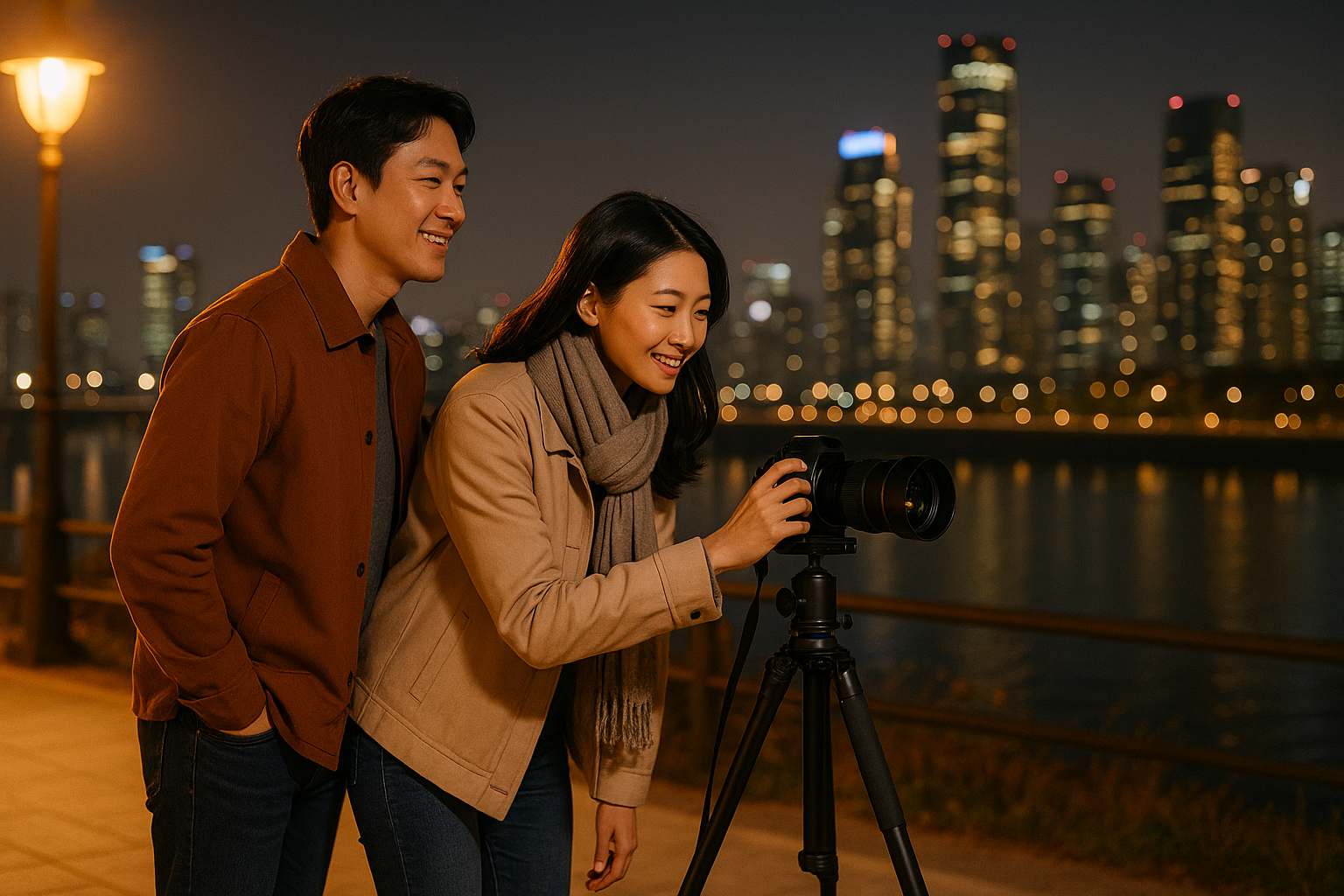 한강 야경을 촬영하는 사진가 커플