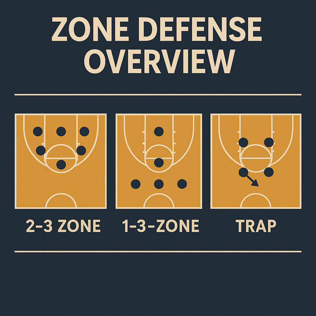 존디펜스 전략 정리 이미지: 2-3 존, 1-3-1 존, 트랩 수비 운영을 농구 코트 다이어그램으로 시각화한 인포그래픽