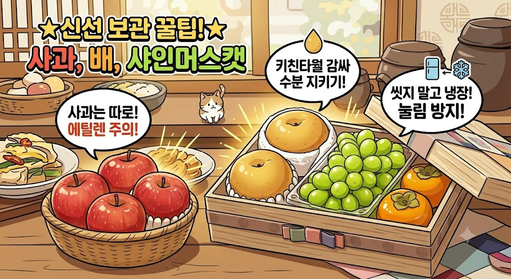 추석 명절 과일 세트 보관법 인포그래픽 ,사과 에틸렌 가스 분리 보관, 배 키친타월 수분 유지, 샤인머스캣 씻지 않고 냉장 보관하는 핵심 꿀팁 일러스트