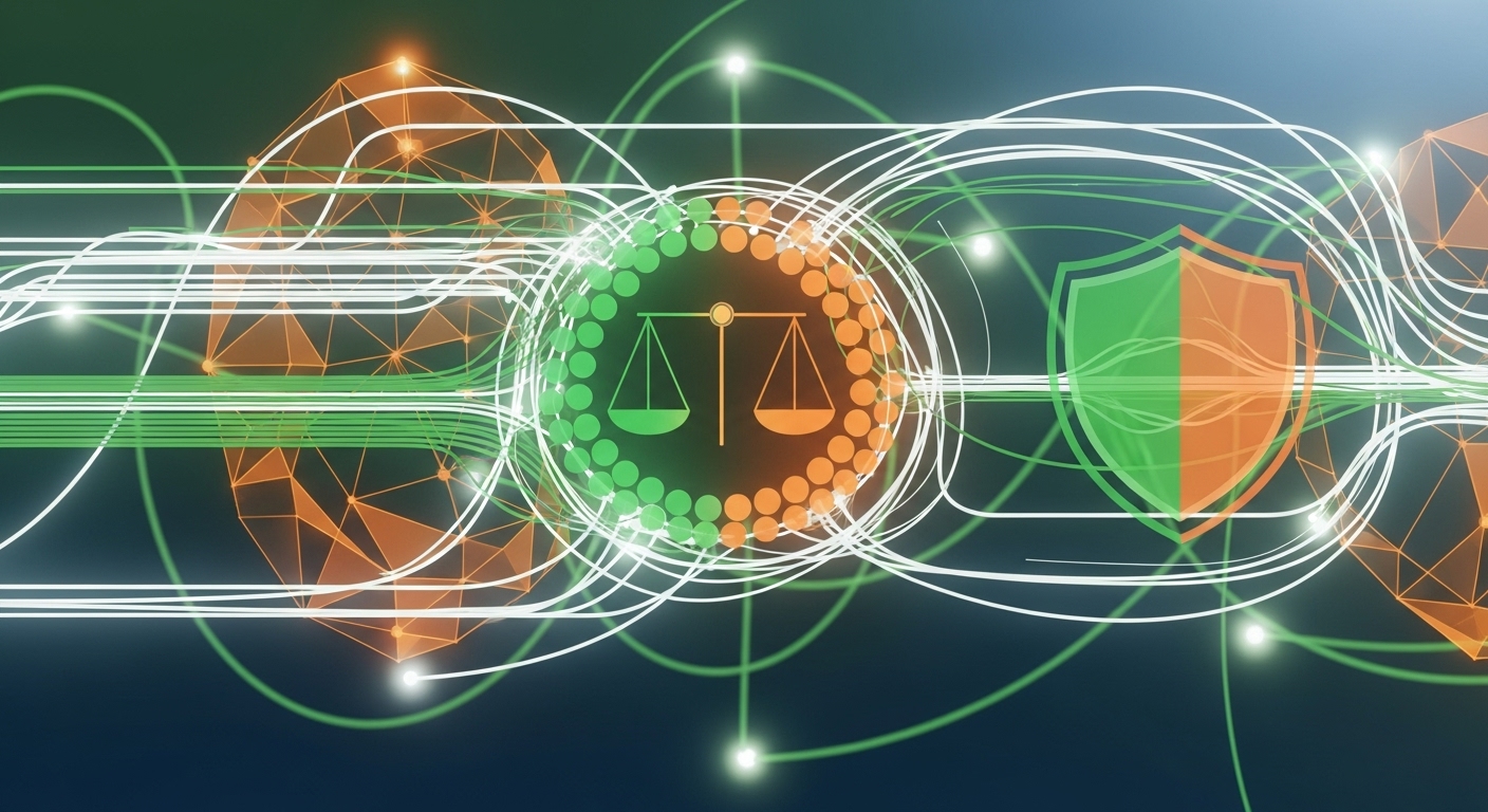 AI 윤리 및 법규를 추상적으로 시각화한 이미지. 데이터 흐름과 규제 프레임워크를 상징하는 선과 노드가 얽혀 있으며, 균형 잡힌 AI 발전을 의미합니다.