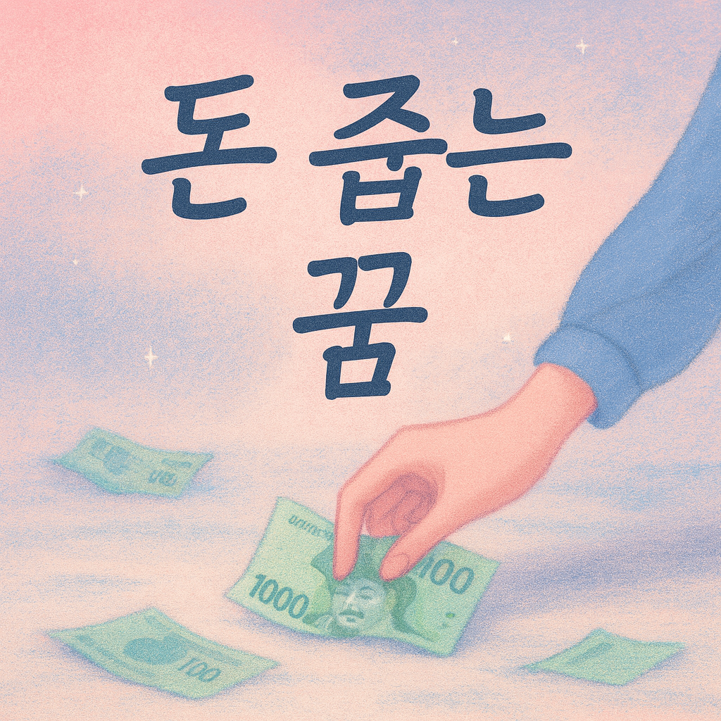 파스텔톤 배경 위 여성의 돈 줍는 꿈 일러스트