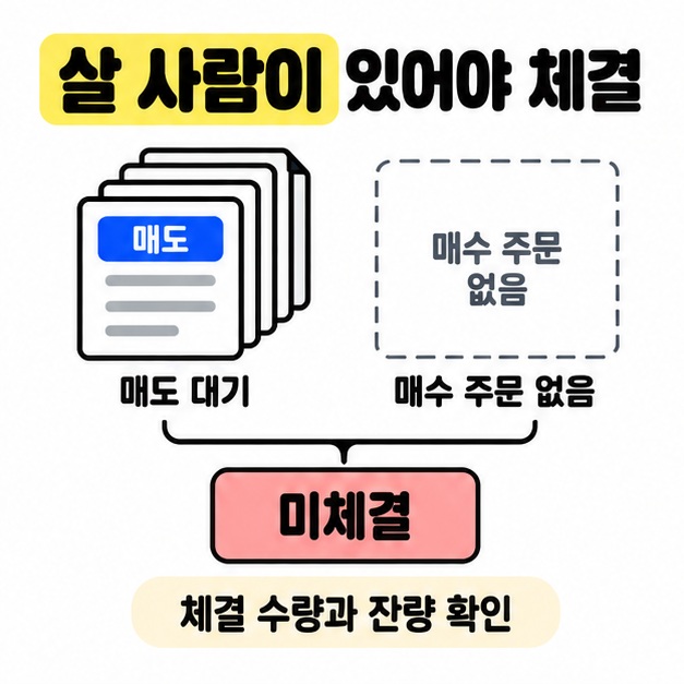 매도 대기 물량이 있지만 매수 주문이 없어 미체결 상태로 남는 관계 도식