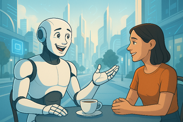 최신형 휴머노이드 로봇이 감정을 표현하거나 사람과 자연스럽게 대화하는 모습, 첨단 도시 배경, 밝고 미래적인 분위기