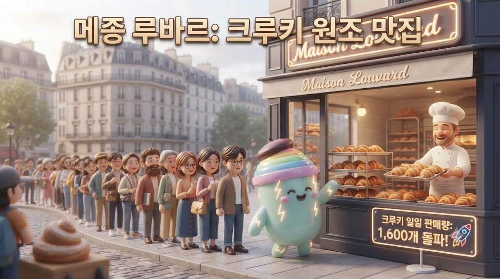 파리 9구의 아담한 베이커리 '메종 루바르(Maison Louvard)' 앞, 입체적인 3D 쫀쿠가 관광객들 사이에 줄을 서 있습니다. 가게 안쪽으로는 갓 구워진 크루키가 산처럼 쌓여 있고, 행복한 표정의 파티시에가 쉴 새 없이 크루키를 만들어냅니다. 가게 유리창에는 'SOLD OUT' 대신 '하루 1,600개 판매!'라는 입체적인 글씨가 붙어 있습니다.