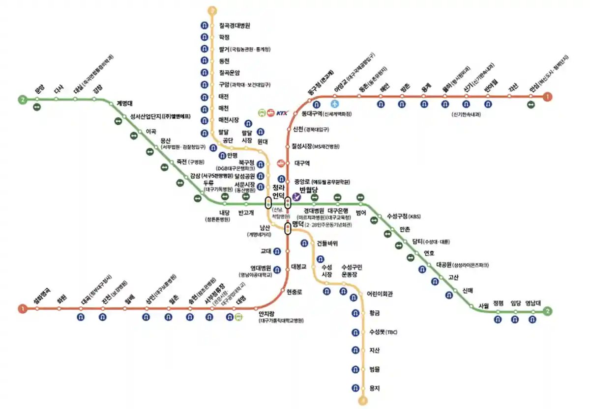 대구지하철-1호선(빨강)-2호선(녹색)-3호선(노랑)-전체노선도