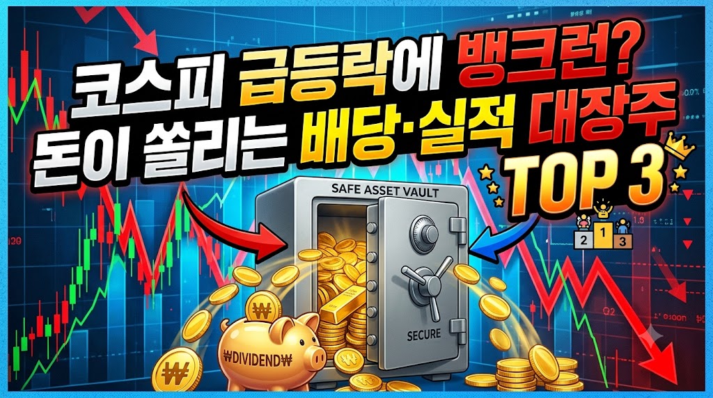 요동치는 주가 차트 배경 앞에 안전한 금고나 배당금 동전 저금통이 놓여있는 그래픽. "코스피 급등락에 뱅크런? 돈이 쏠리는 배당·실적 대장주 TOP 3" 문구가 들어간 썸네일.