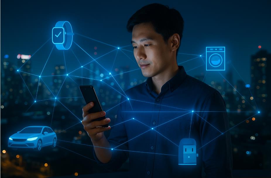 AI폰 생태계가 개인 중심으로 연결된 미래를 상징하는 장면