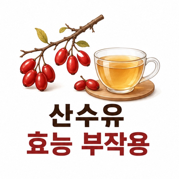 붉은 산수유 열매와 찻잔을 함께 배치해 산수유 효능과 부작용을 표현한 이미지