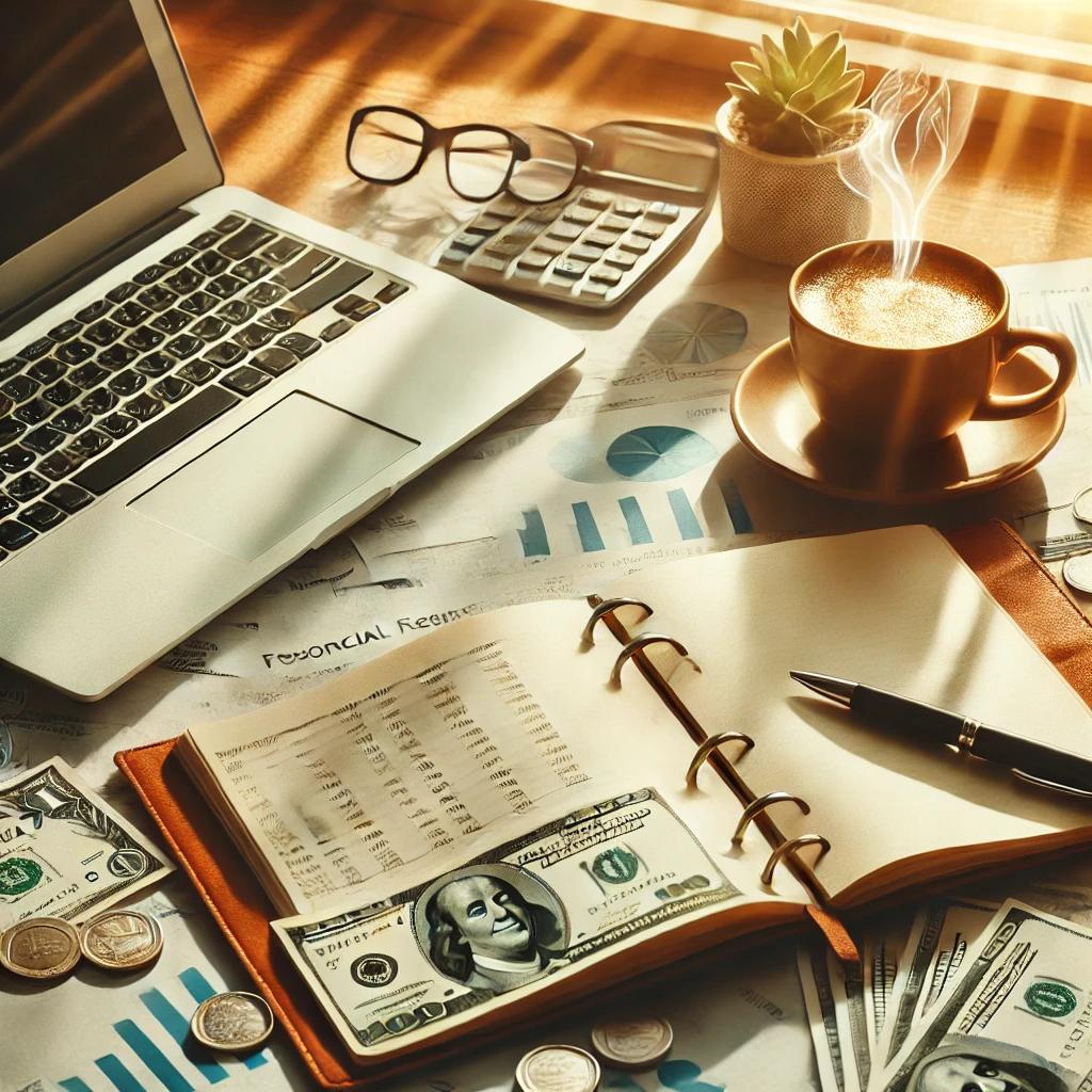 노트북이 있는 책상, 블로그 관리 화면, 커피잔과 메모지 등 생산적인 분위기