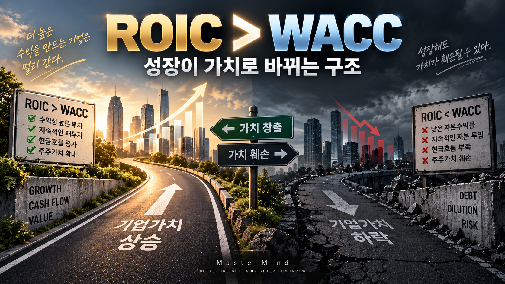 ROIC above WACC creating value while ROIC below WACC can lead to value destruction.