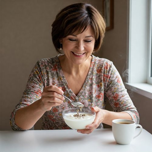 해바라기씨를 넣은 요거트를 먹는 여성