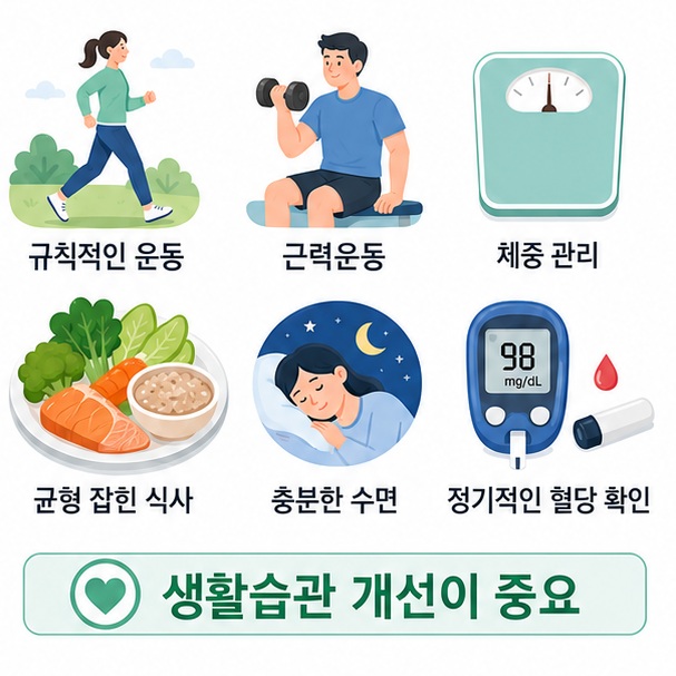 걷기와 근력운동, 균형 잡힌 식사, 체중과 수면 관리를 통해 인슐린 감수성과 혈당 건강을 관리하는 방법을 보여 주는 그림