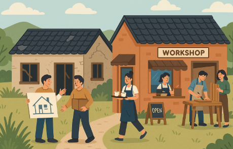 "청년 창업과 빈집 프로젝트를 표현한 평면 스타일 일러스트, 낡은 농촌 빈집이 카페와 공방으로 바뀌고 청년들이 창업 활동을 하는 장면"