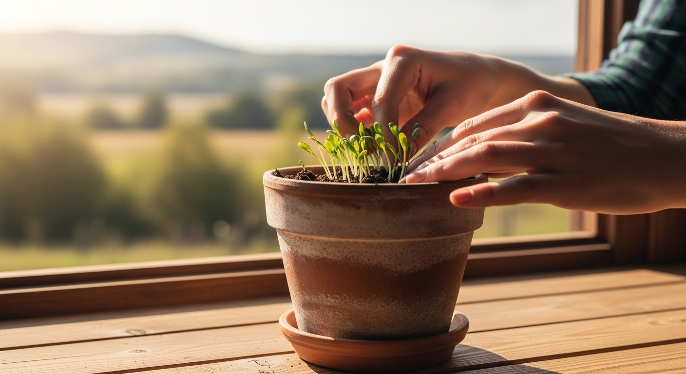 따뜻한 햇살이 드는 창가에서 작은 새싹을 정성껏 가꾸는 손. 영화 <여행과 나날> 속 소박한 일상의 행복을 표현.