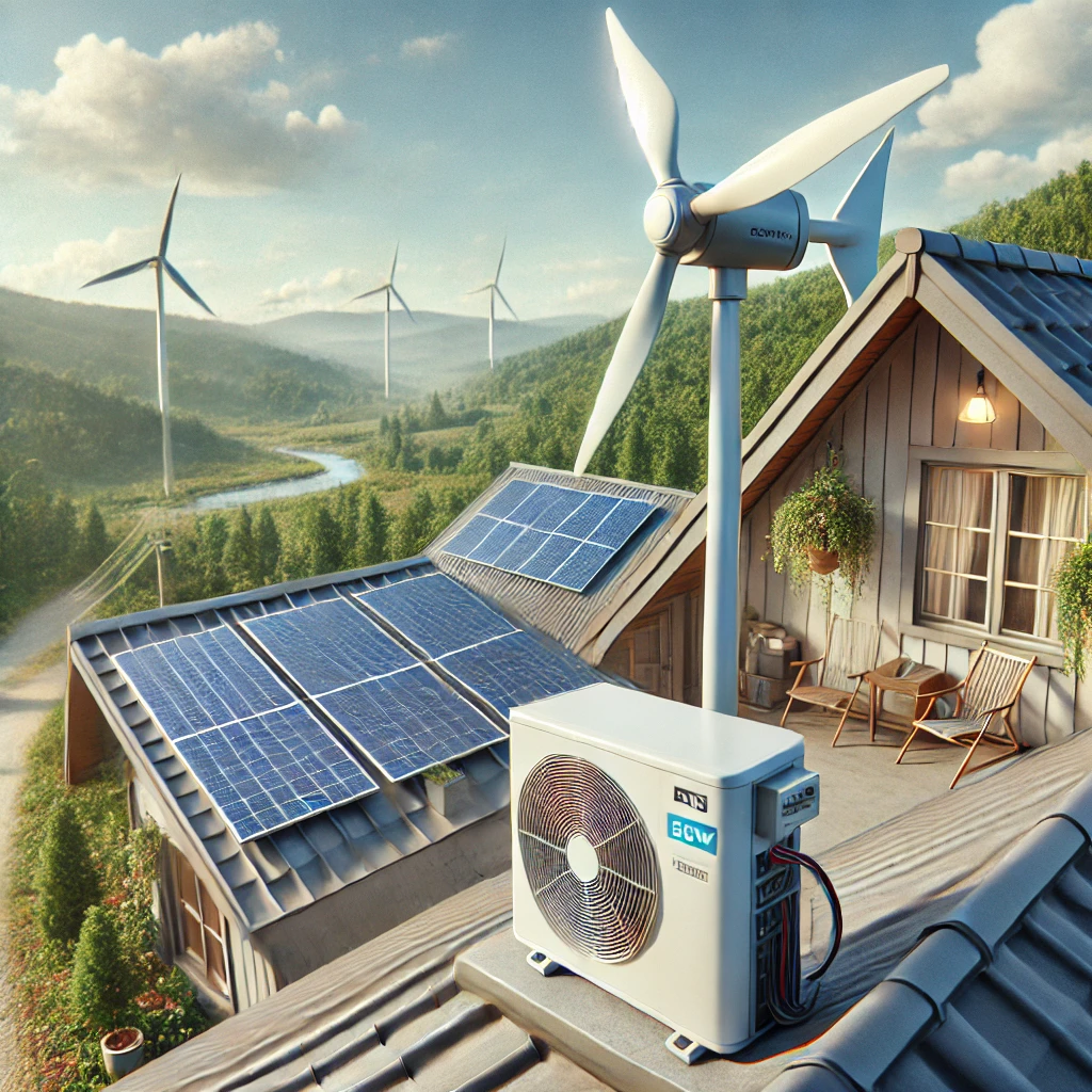 소형 풍력 발전기와 태양광 패널이 설치된 친환경 자가발전 시스템