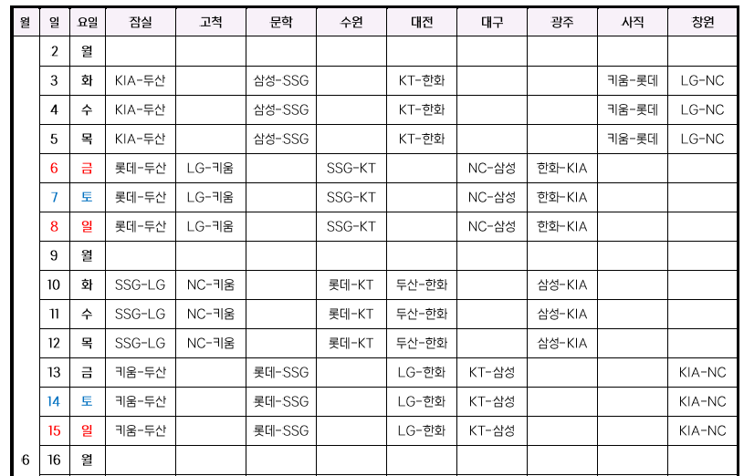 2025 프로야구 정규시즌 일정 6월