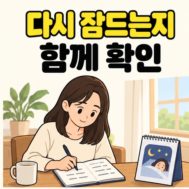 다시 잠드는지 함께 확인이라는 문구 아래 여성이 아침 식탁에서 수면 기록을 적고 옆에 잠자는 사람 그림이 있는 탁상물이 놓인 모습
